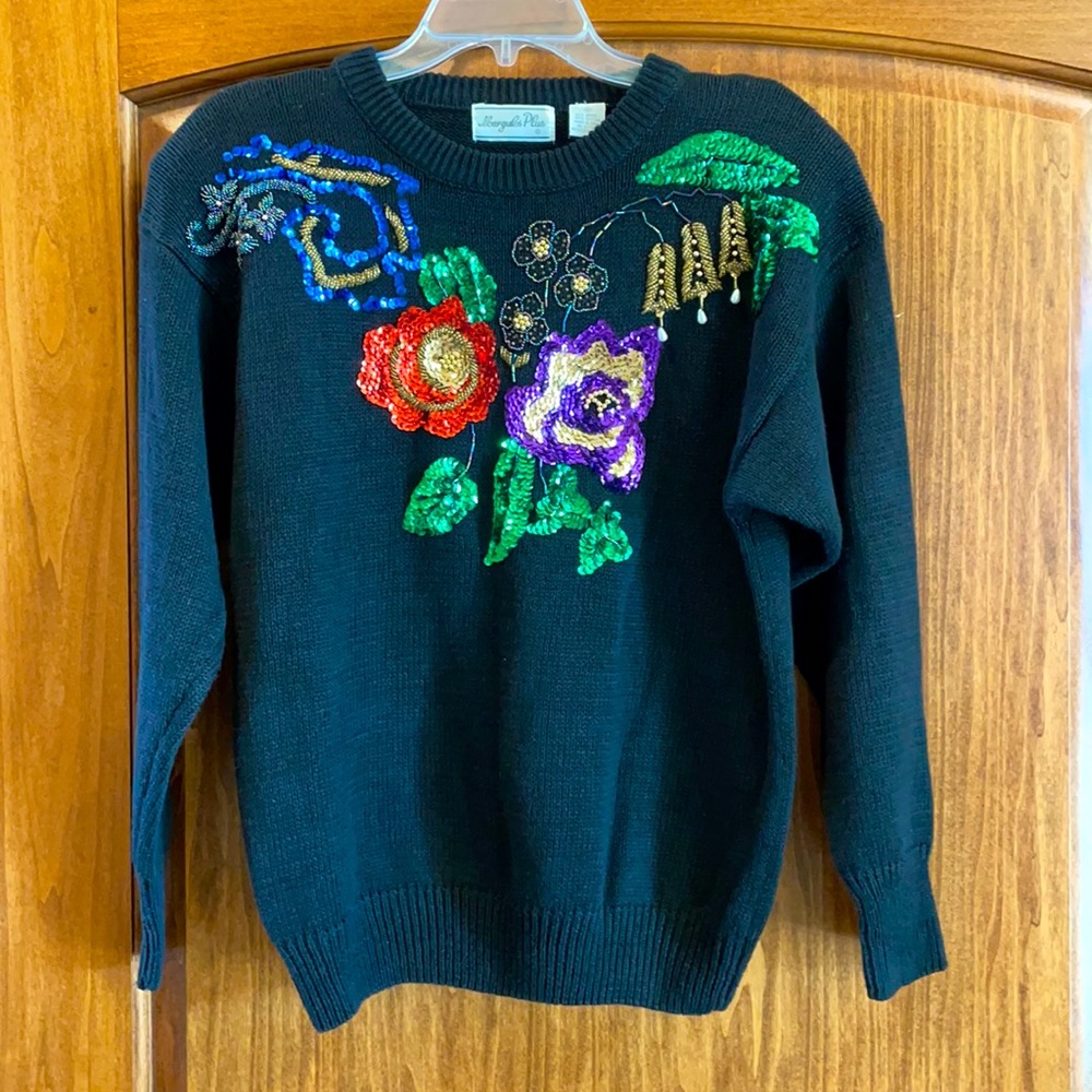 Vintage 80s Margules Plus Brand Black Knit Sweater Floral Sequin Beaded Sweater